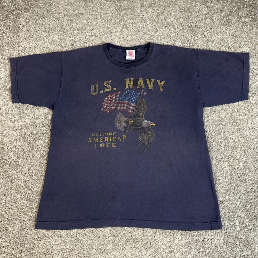 U.S. Navy Bayside Shirt Mens L Blue Eagle Flag Graphic Crew Neck Cotton